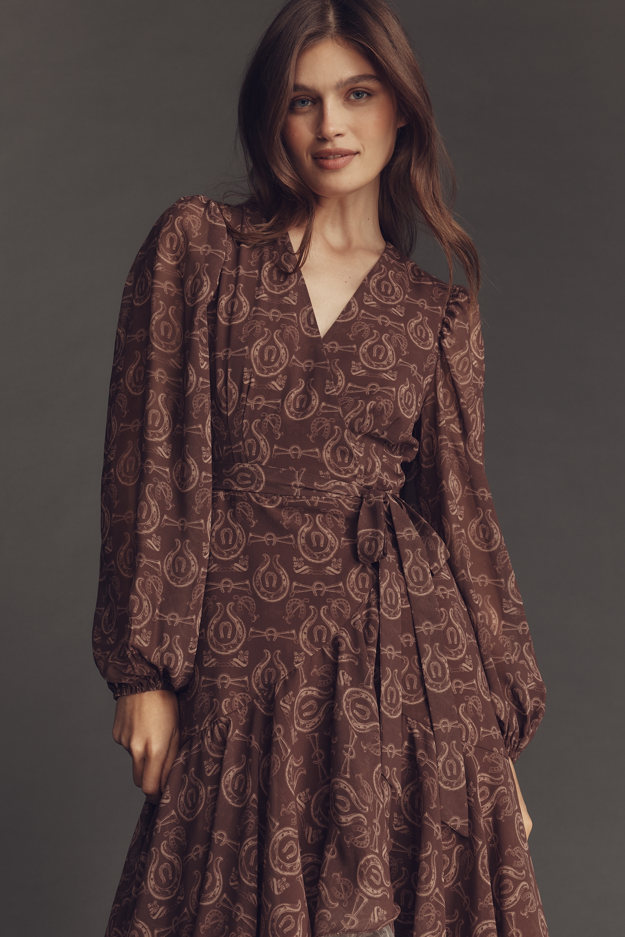 Hutch Helen Long-Sleeve Ruffled Wrap Maxi Dress