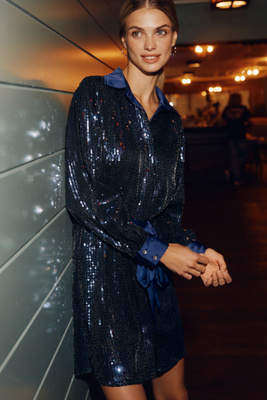 HUTCH CLAUDETTE LONG-SLEEVE SEQUIN MINI SHIRT DRESS