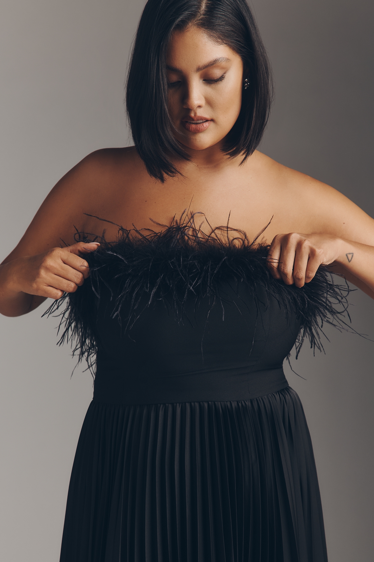 Hutch Strapless Faux Feather Midi Dress