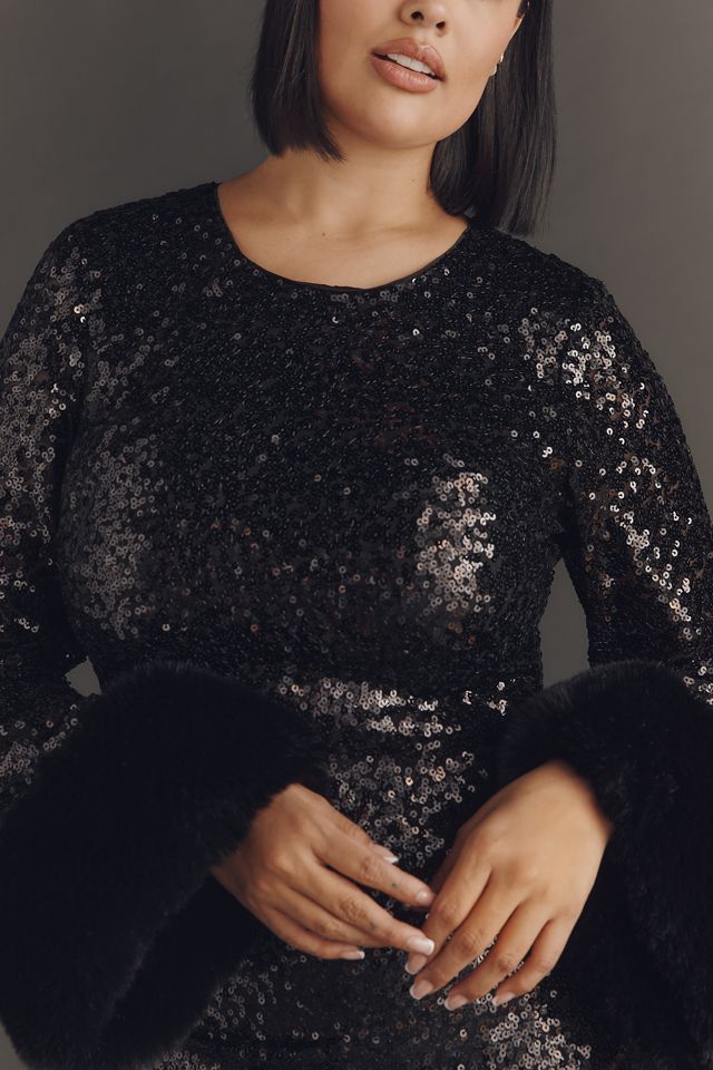 Hutch Long-Sleeve Faux Fur Trim Sequin Mini Dress #1