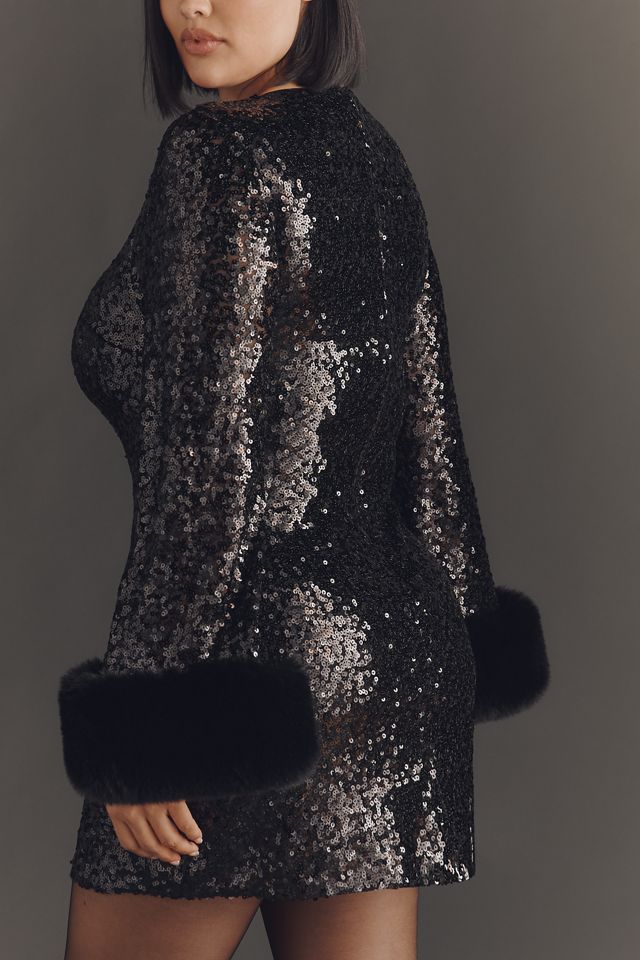 Hutch Long-Sleeve Faux Fur Trim Sequin Mini Dress #3