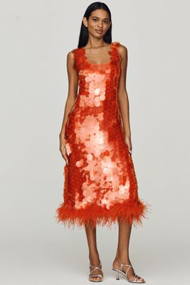 hutch sleeveless scoop-neck sequin feather-trim midi dress Hutch Sleeveless Scoop-Neck Sequin Feather-Trim Midi Dress