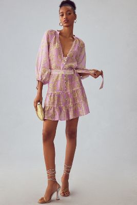 Kivari Belted Buttondown Mini Dress In Lilac Floral