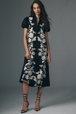 Mestiza Elliana Puff-sleeve Midi Dress In Black