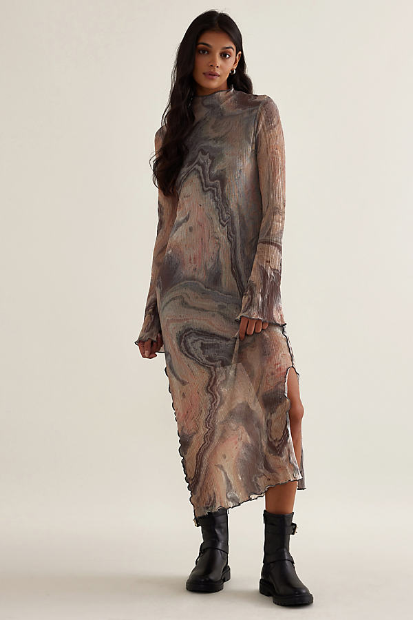 Mila Plisse Long-Sleeve Mesh Midi Dress