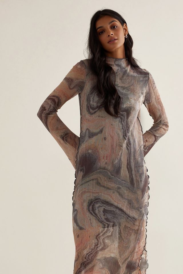 Mila Plisse Long-Sleeve Mesh Midi Dress | Anthropologie UK