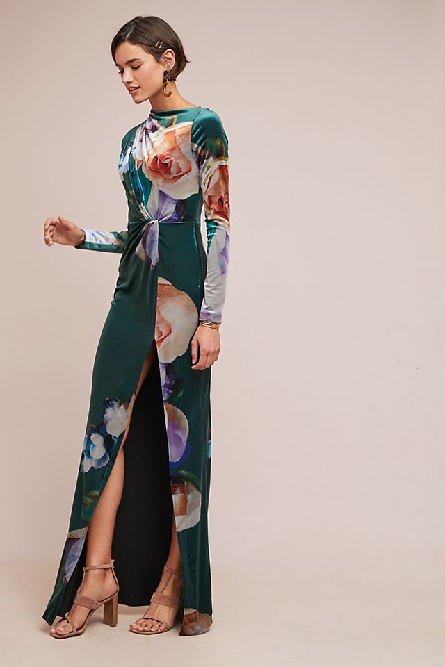velvet floral maxi dress A high waist tops a maxi skirt with flouncy tiers and a thigh Velvet Floral Maxi Dress |