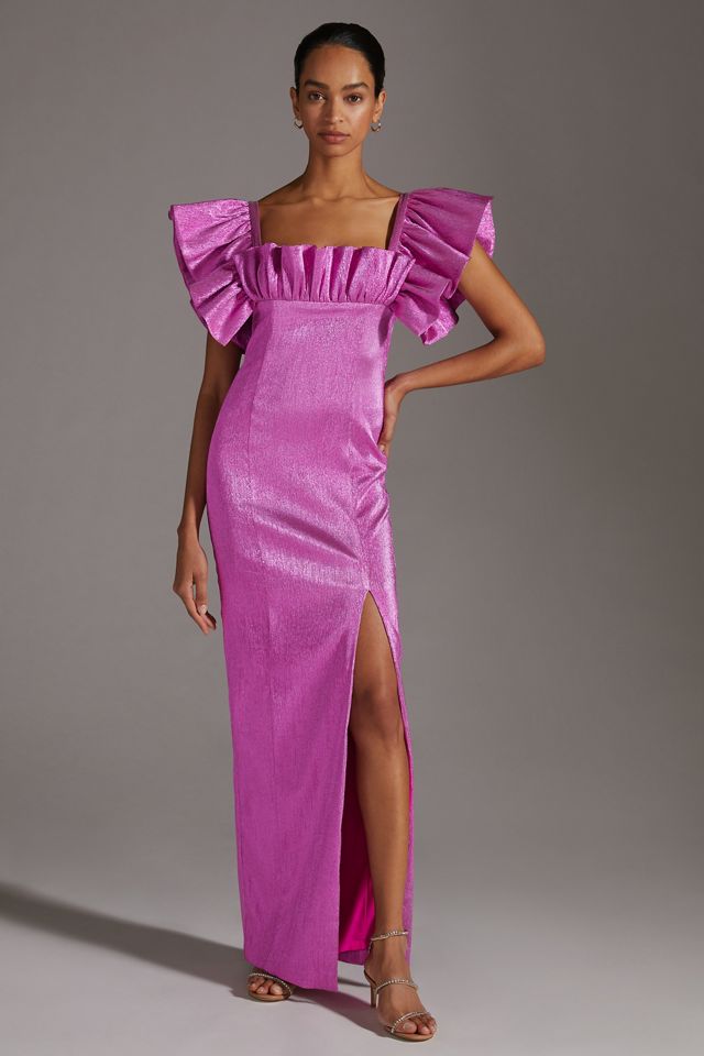 knee length dresses for ladies Pink Flutter Sleeve Smocked Maxi Dress