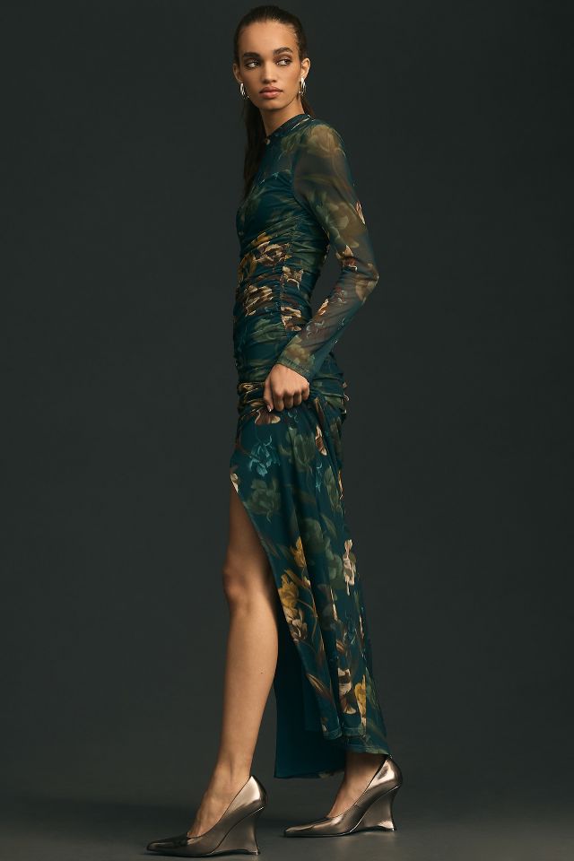 Black Halo Sheer Long-Sleeve Ruched Dress | Anthropologie