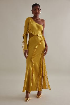 ANTHROPOLOGIE ONE-SHOULDER CUTOUT RUFFLE SATIN MAXI DRESS 