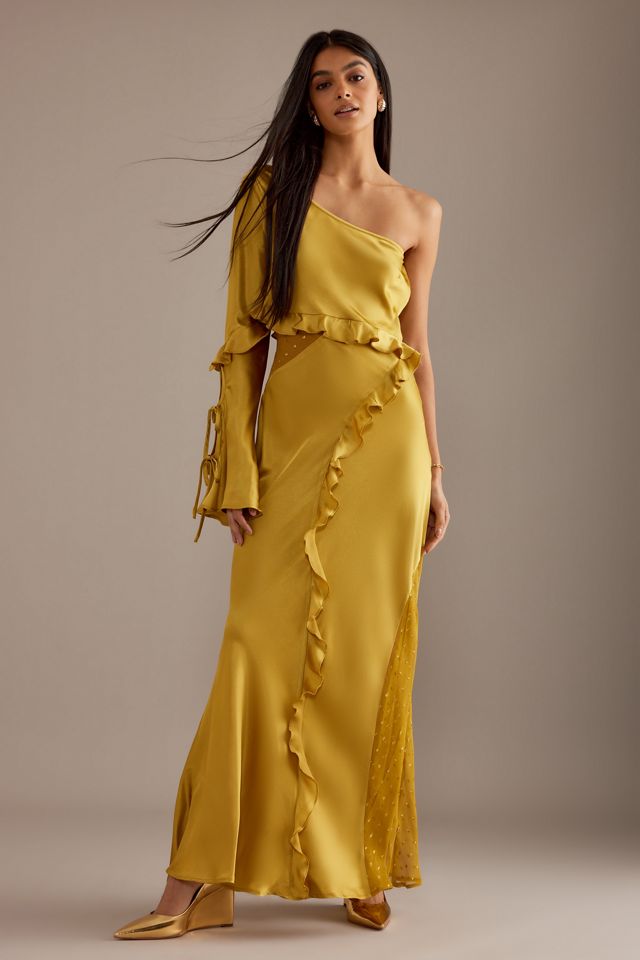 Vestido maxi con hombros descubiertos y volante superpuesto Azul Marino Tallas Grandes