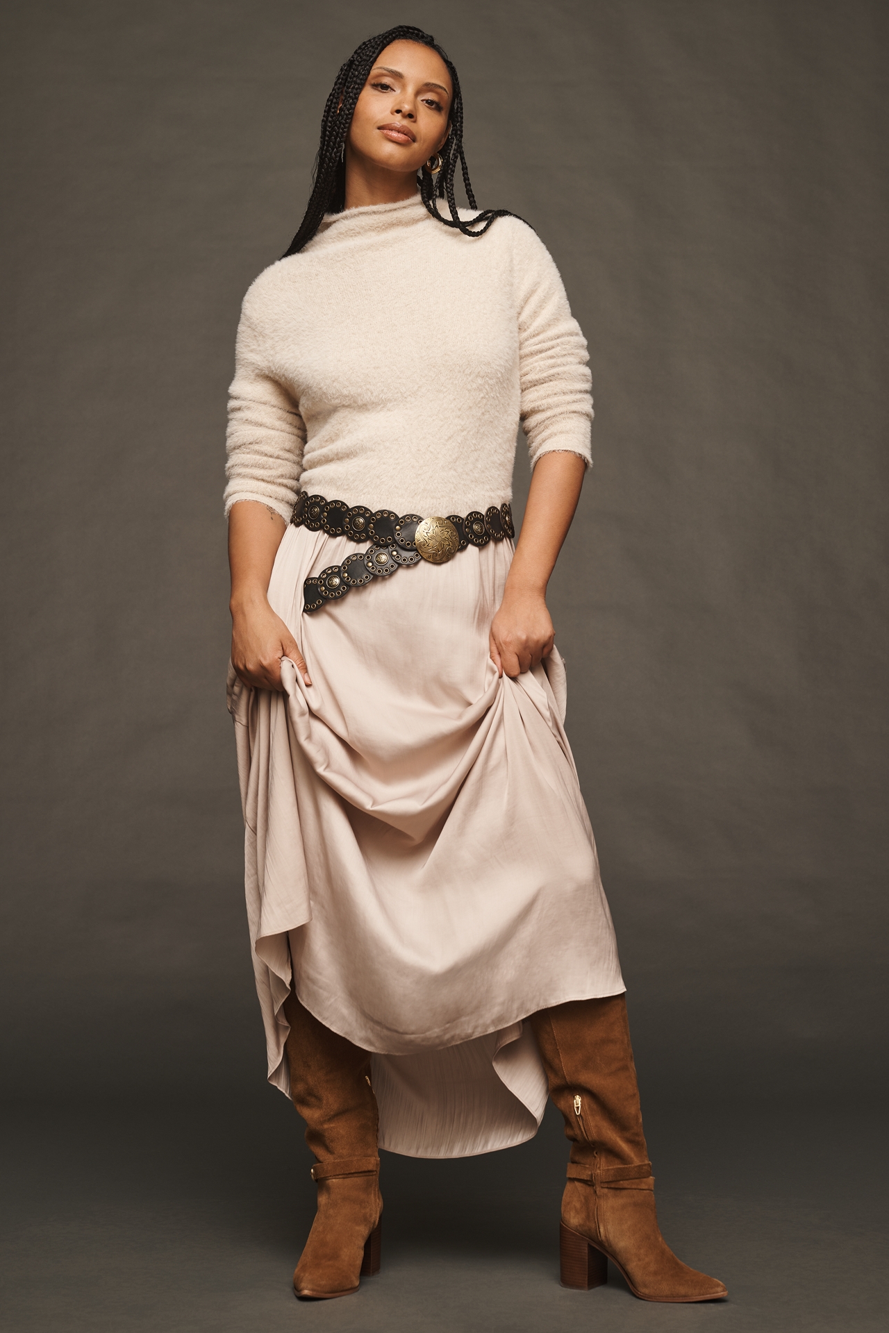 The Thea Long-Sleeve Eyelash Twofer Sweater Dress