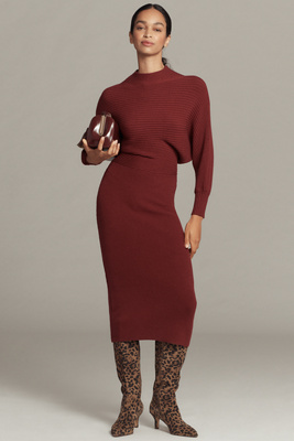 By Anthropologie Long-sleeve Slim Sweater Midi Dress In Red