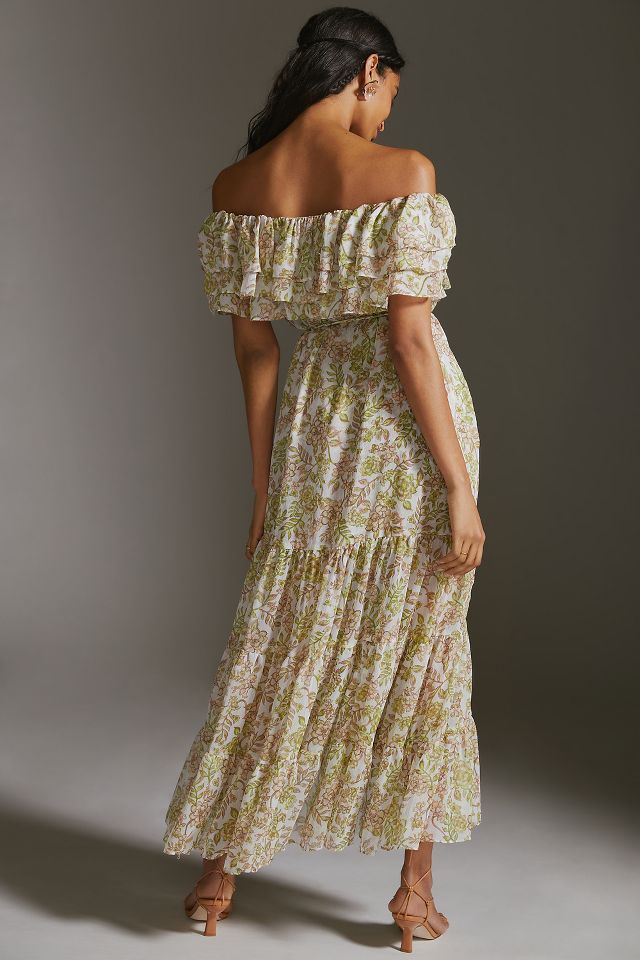 MISA Off The Shoulder Ruffle Midi Dress