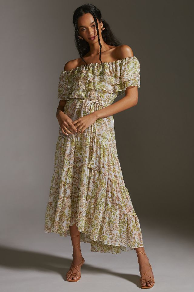 MISA Off-The-Shoulder Ruffle Midi Dress | Anthropologie