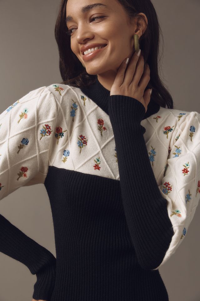 Maeve Long-Sleeve Embroidered Sweater Midi Dress #2