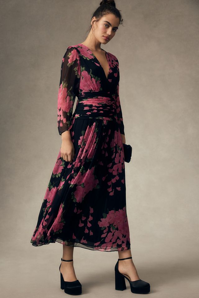 chinese dress ladies High Neck, Lace Up, Long Sleeve Printed Midi Dress