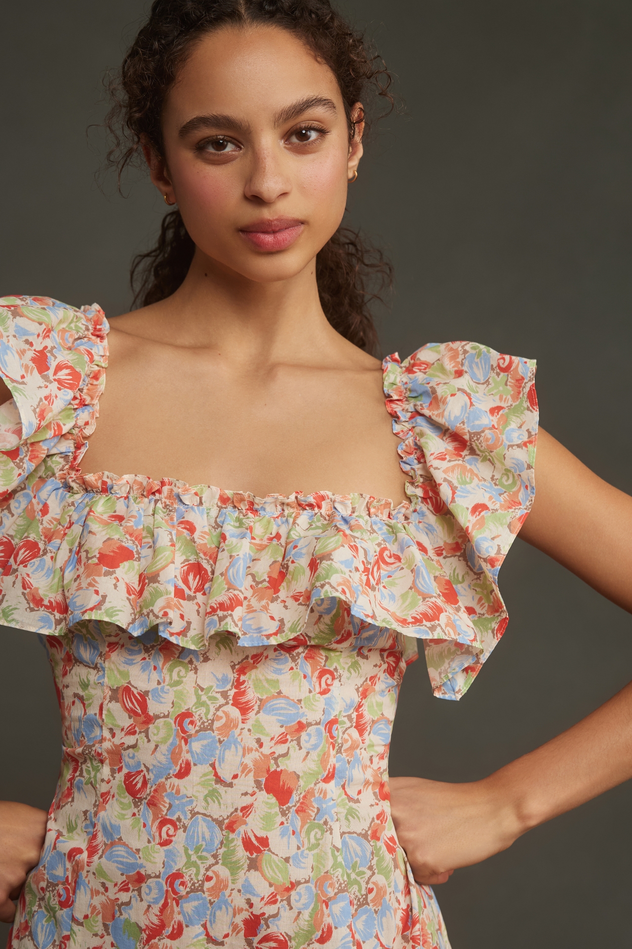 RIXO June Floral Ruffled A-Line Midi Dress