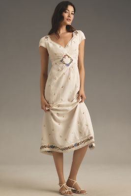 Rixo London Carey Short-sleeve V-neck Embroidered Linen Midi Dress In White