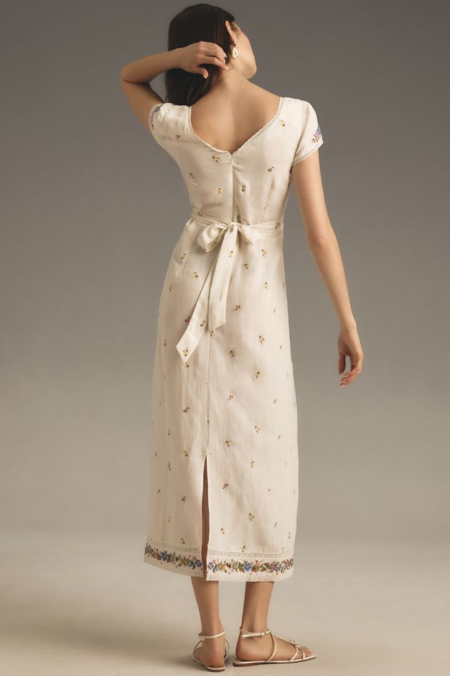 RIXO Carey Short-Sleeve V-Neck Embroidered Linen Midi Dress #1