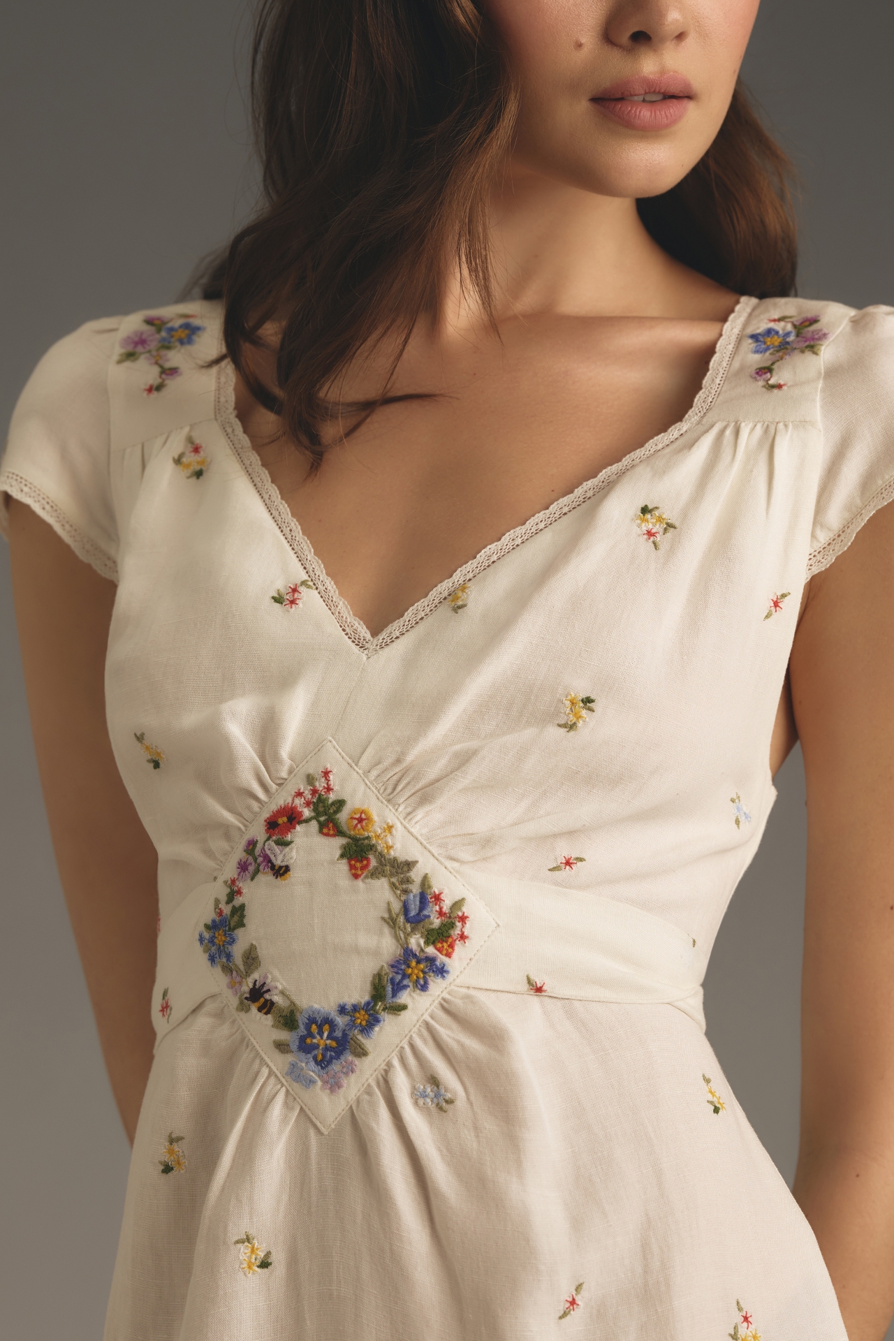 RIXO Carey Short-Sleeve V-Neck Embroidered Linen Midi Dress