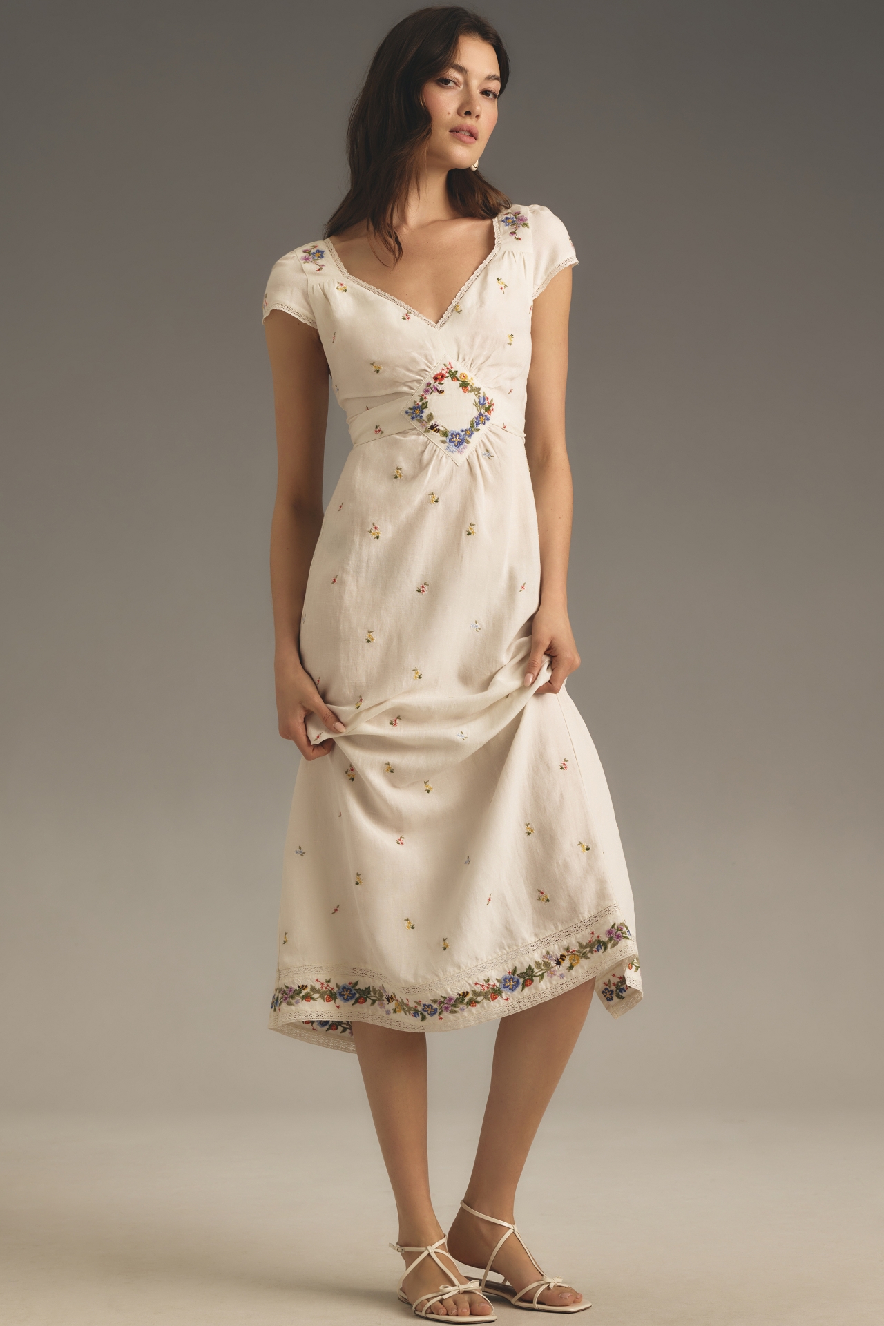 RIXO Carey Short-Sleeve V-Neck Embroidered Linen Midi Dress