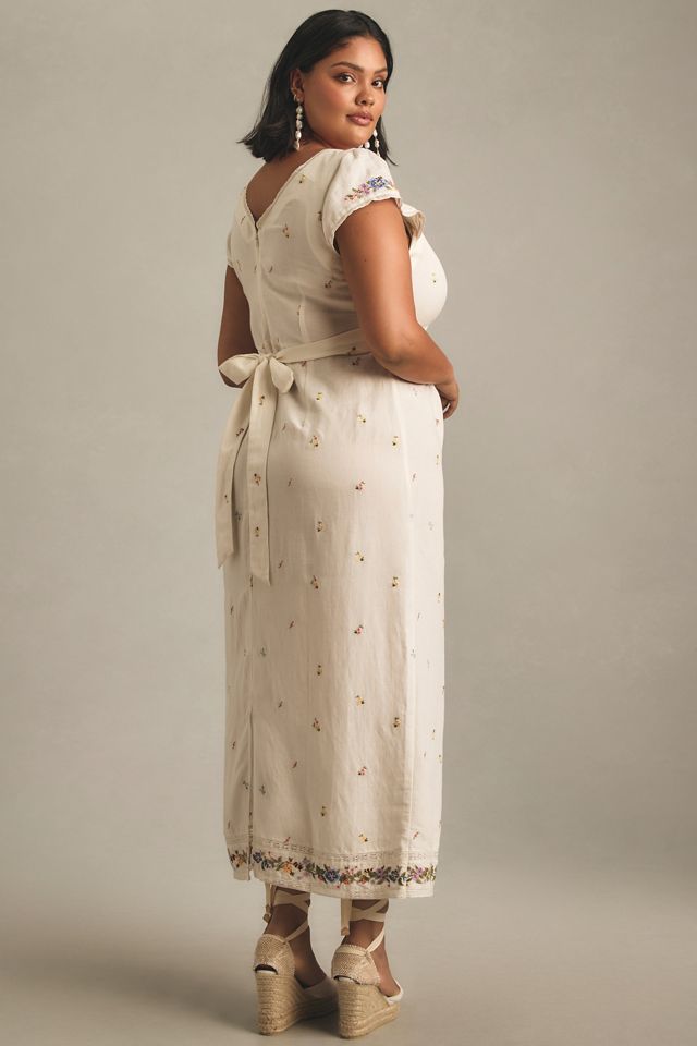 RIXO Carey Short-Sleeve V-Neck Embroidered Linen Midi Dress #4