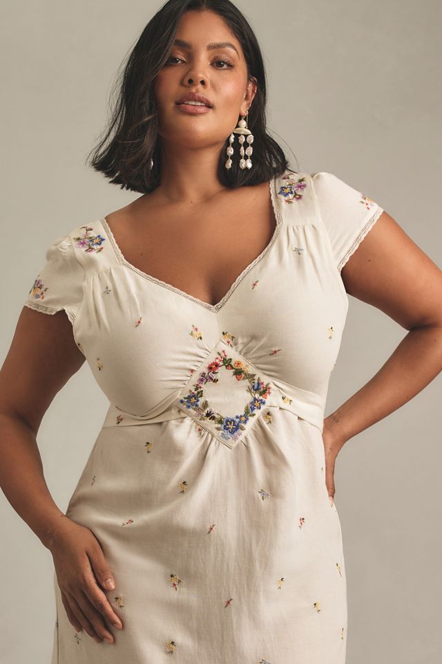 RIXO Carey Short-Sleeve V-Neck Embroidered Linen Midi Dress #6