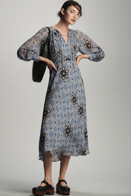Rixo London Aero Long-sleeve Floral Midi Dress In Blue