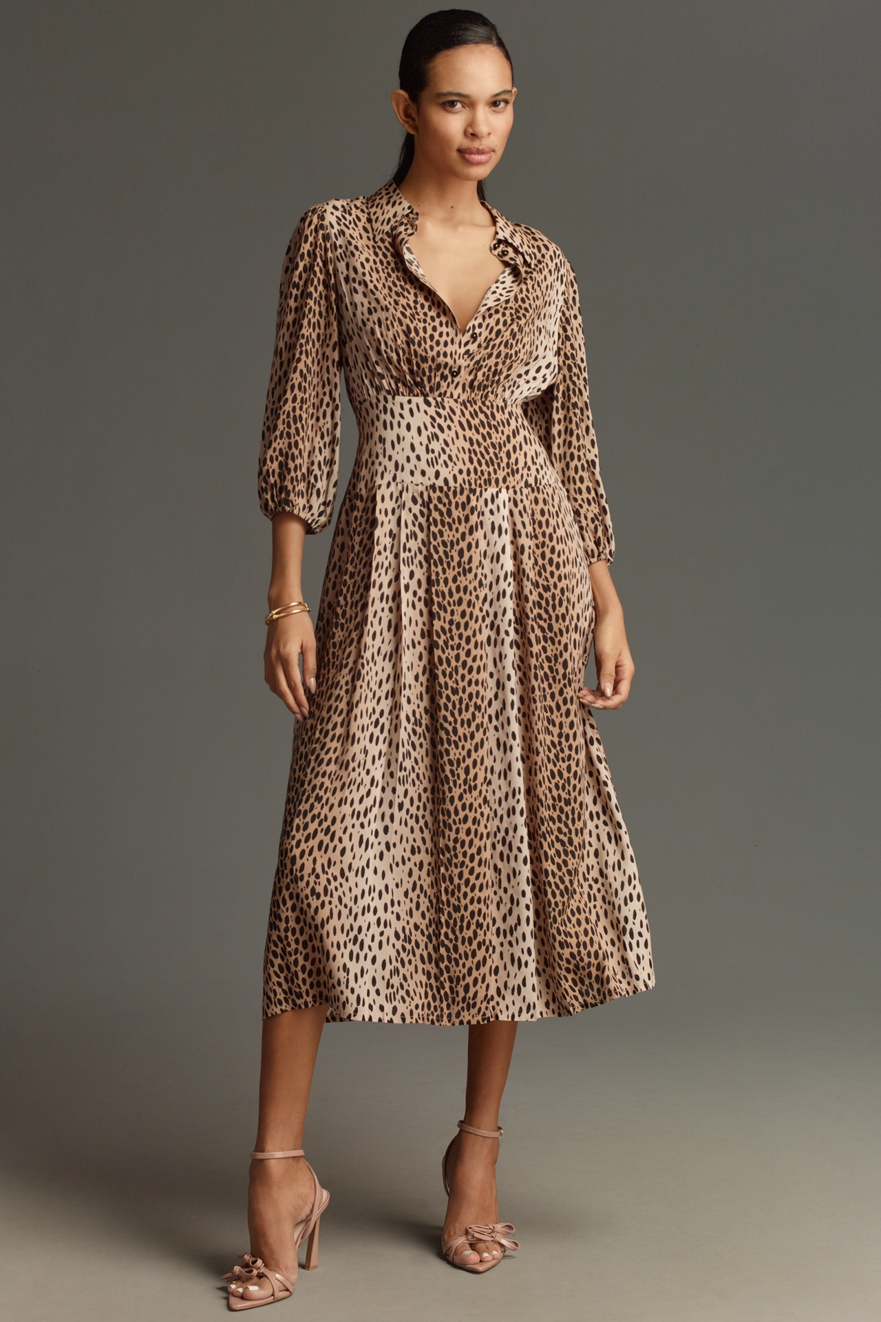 RIXO Petite Izzy Long-Sleeve Drop-Waist Midi Dress
