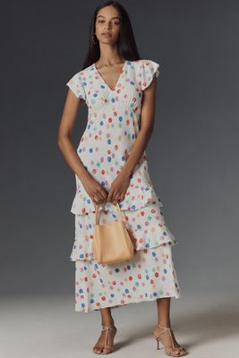 Shop Rixo London Meena Satin Ruffle Maxi Dress In White