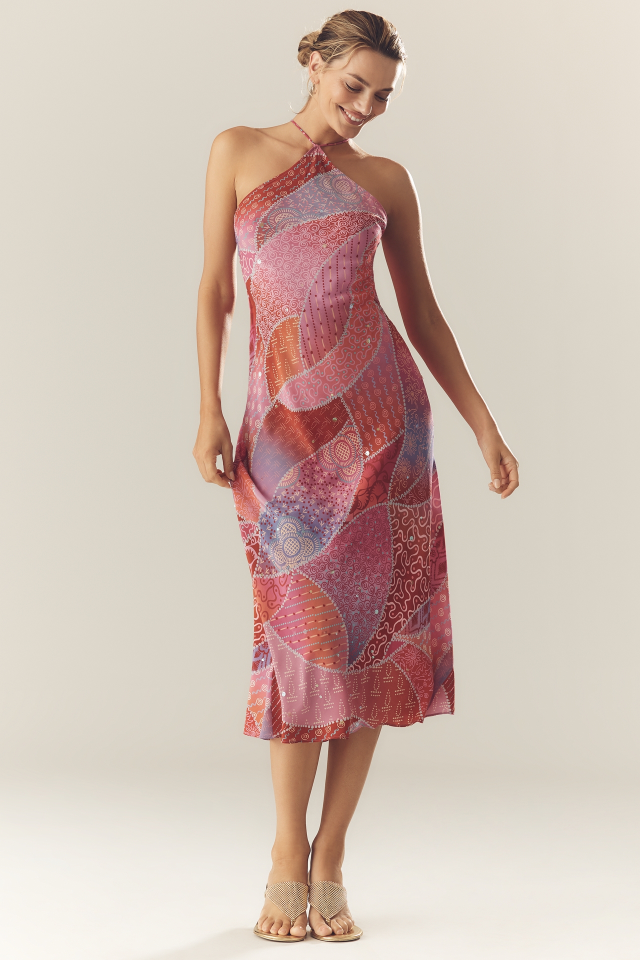 RIXO Hayley Silk Halter Maxi Dress With Scarf