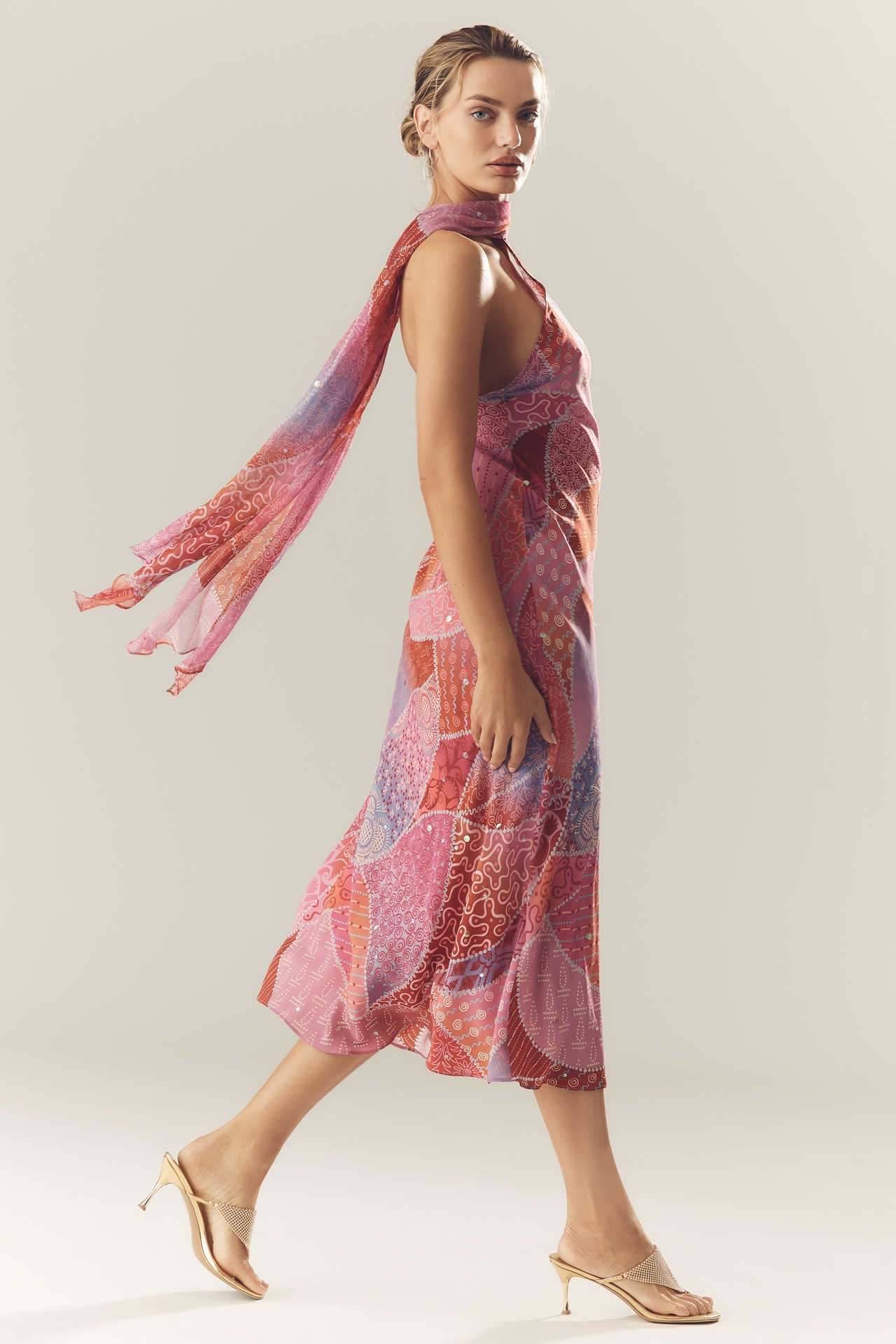 RIXO Hayley Silk Halter Maxi Dress With Scarf