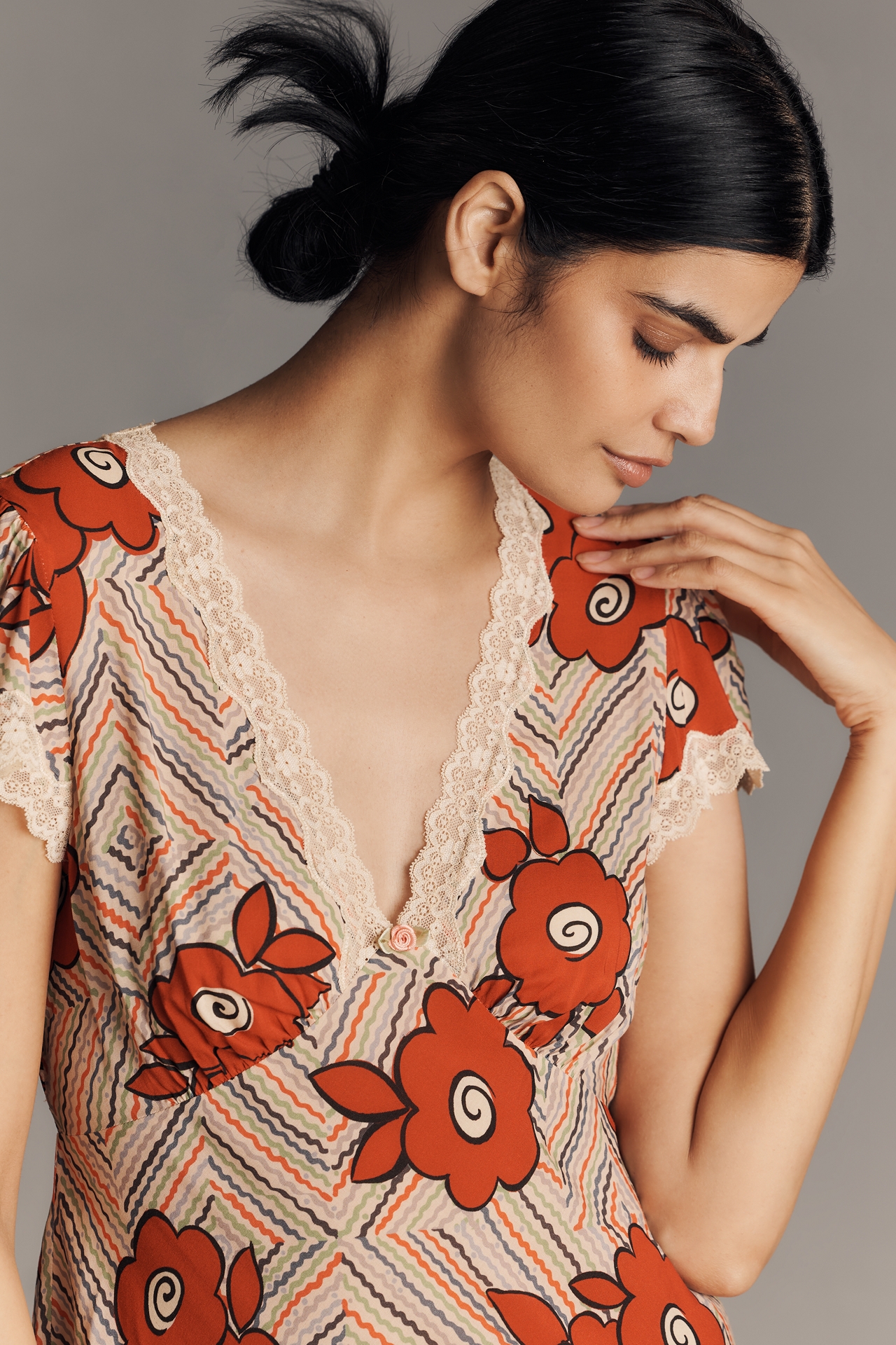 RIXO Clarice Cap-Sleeve V-Neck Midi Dress