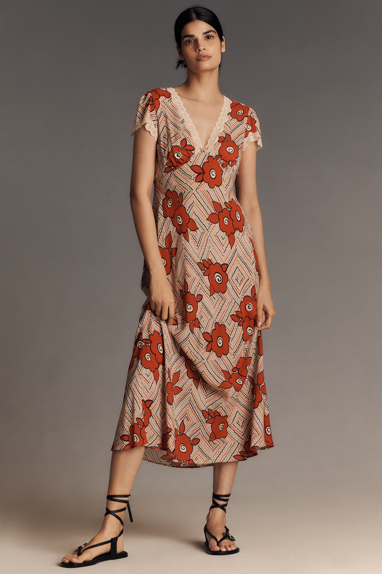 RIXO Clarice Cap-Sleeve V-Neck Midi Dress