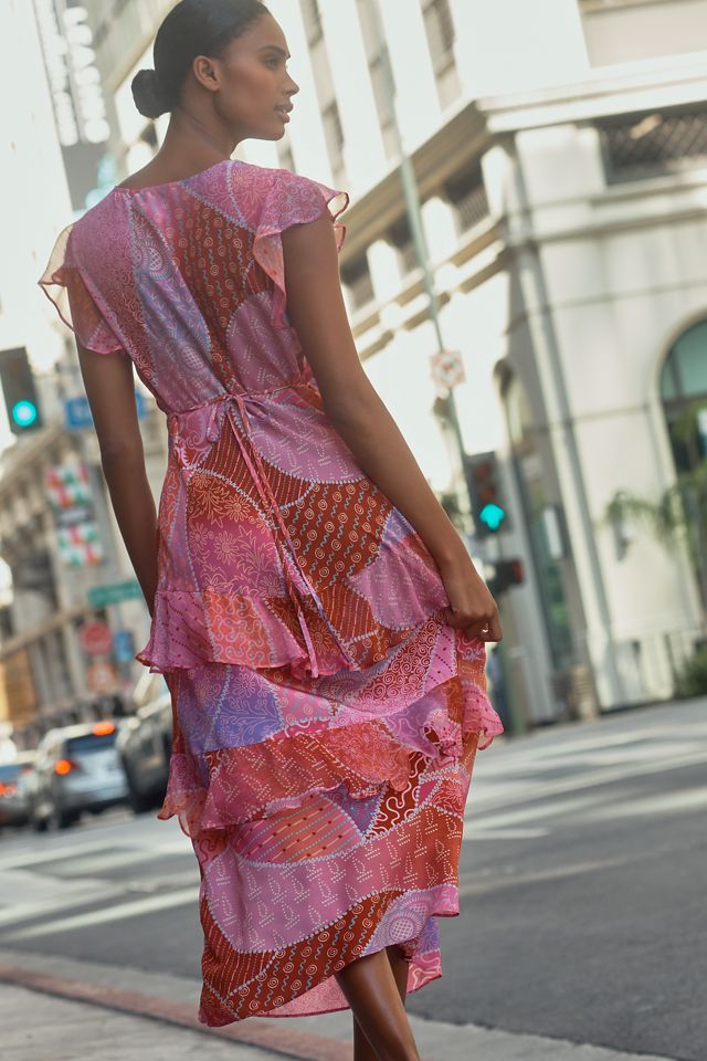 RIXO Meena Petite V-Neck Ruffle Silk Midi Dress #1