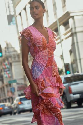 RIXO Meena Petite V-Neck Ruffle Silk Midi Dress