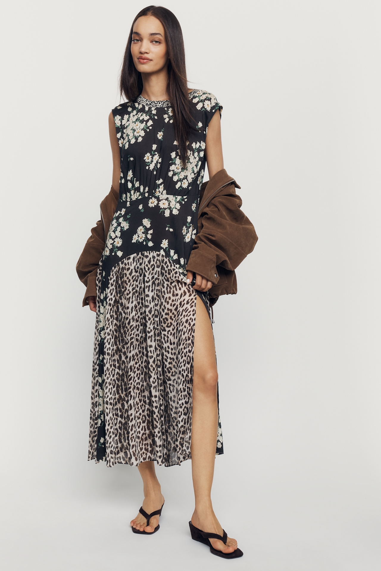 RIXO Coralie Mixed Print Midi Dress