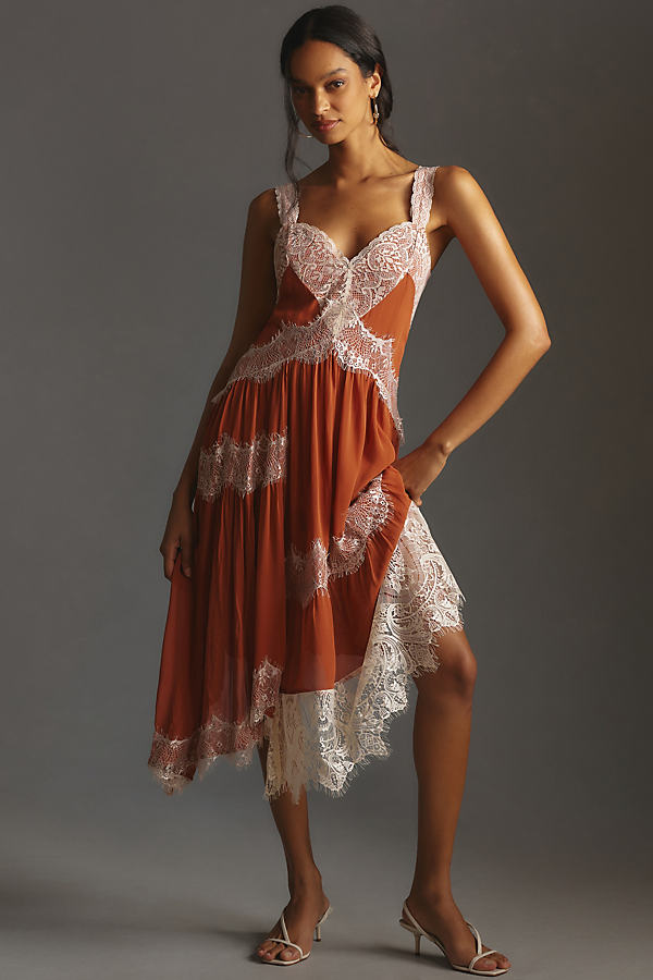 By Anthropologie Sleeveless Asymmetrical Lace Midi Dress