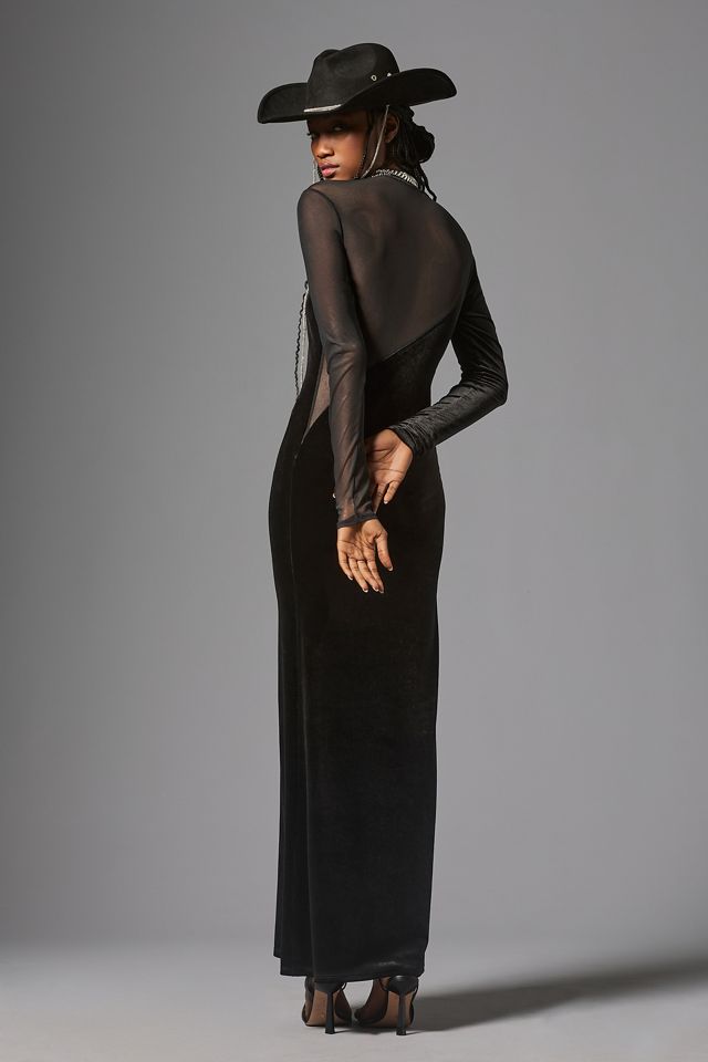 knee length dresses for ladies Maeve Black Velvet and Mesh Long Sleeve Maxi Dress