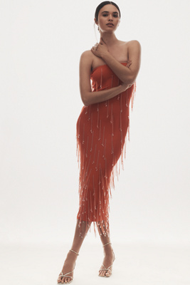 Delfi Collective Amala Strapless Crystal-fringe Slim Midi Dress In Orange