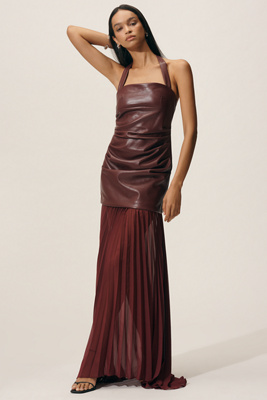 Delfi Collective Delilah Faux-leather Sheer Halter Maxi Dress In Burgundy