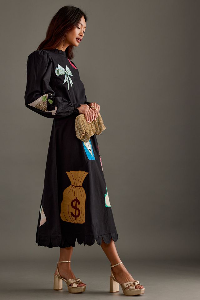 Stella Nova Perlen Verziertes Langarm-Midikleid #3