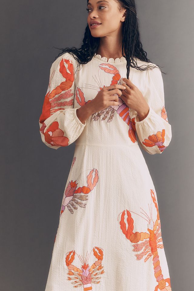 Cotton Crew-Neck Lobster Midi Dress by Stella Nova in Ivory, Size: 6 at Anthropologie