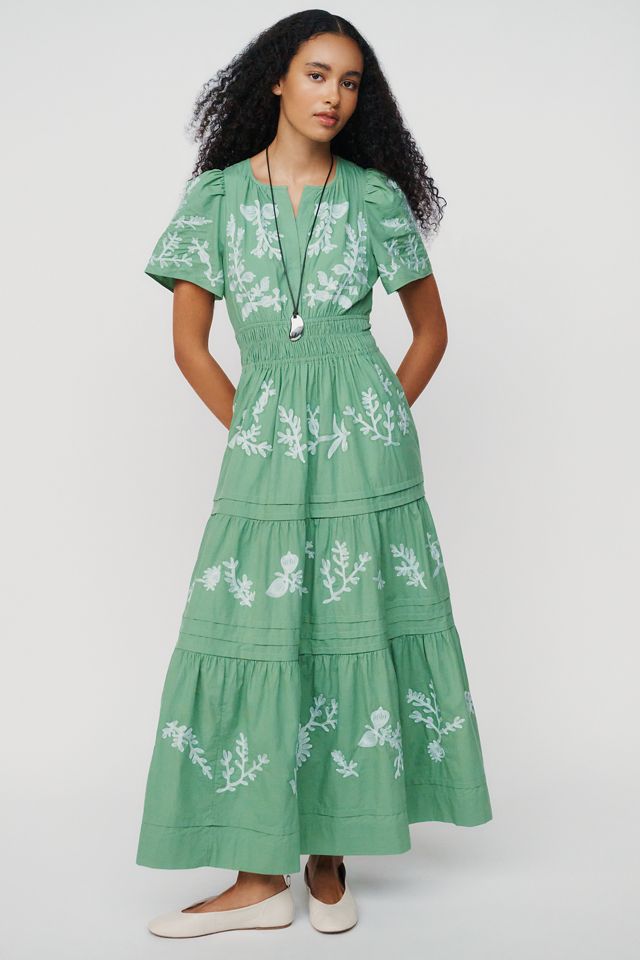 anthropologie somerset dress green 100% Cotton Embroidered Maxi 240314