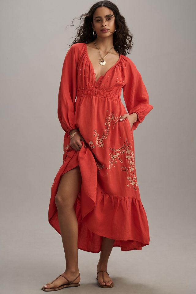 Embroidered V-Neck Polyester Womens Regular Dress