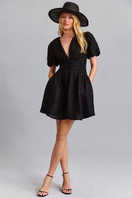 By Anthropologie Puff-sleeve Linen Dress In Black