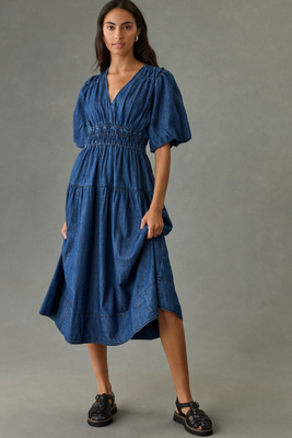 white christmas dresses Klesis / Denim Puff Sleeve A-Line Midi Dress / Small main image 1