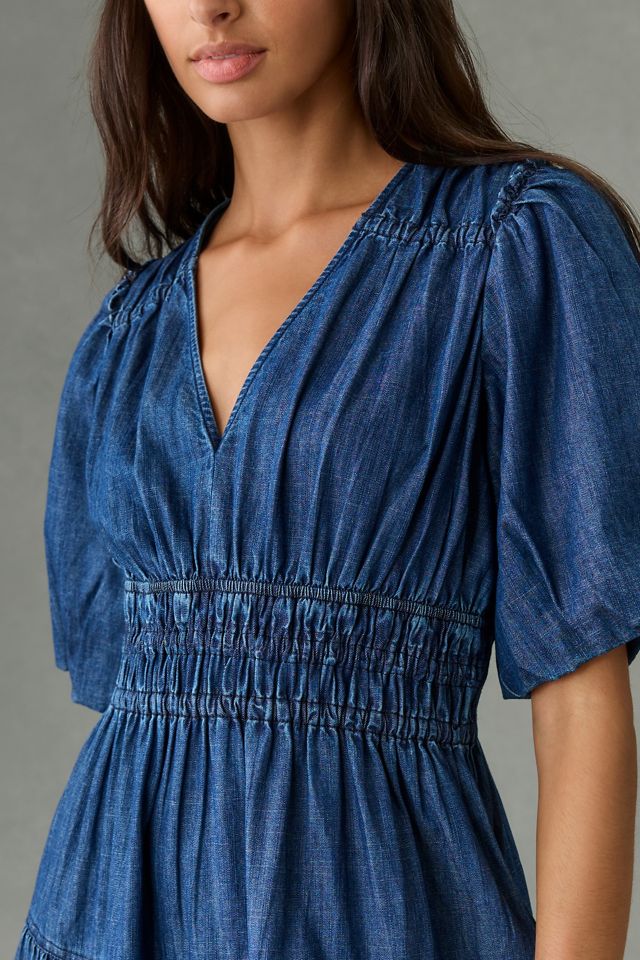 Pilcro Smocked Puff-Sleeve Denim Dress