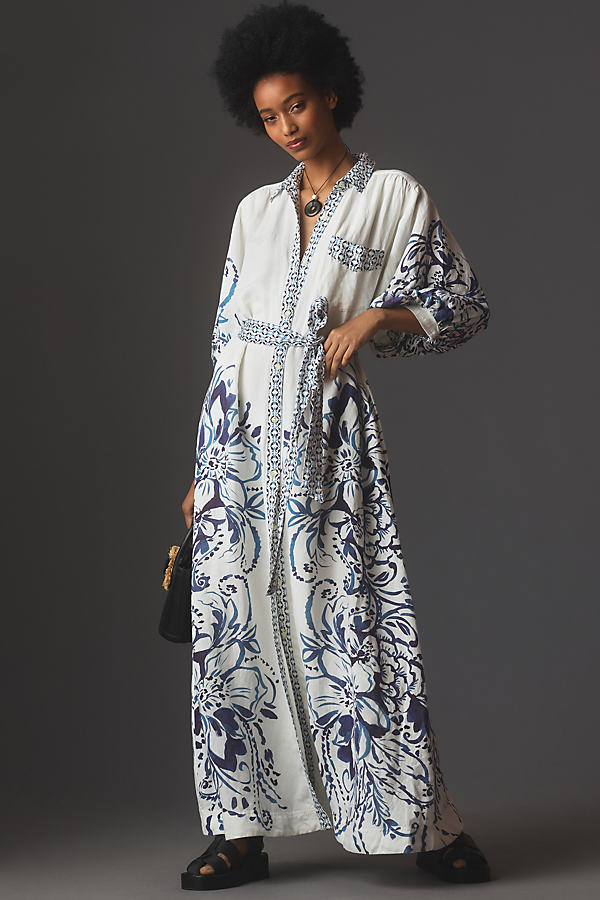 Maeve Button-Front Belted Wrap Maxi Dress